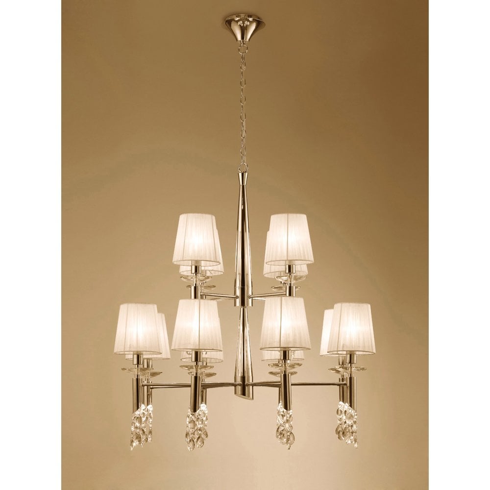Tiffany Pendant 2-Tier Chandelier 12+12 Light, French Gold with Cream Shades & Clear Crystal Elegance