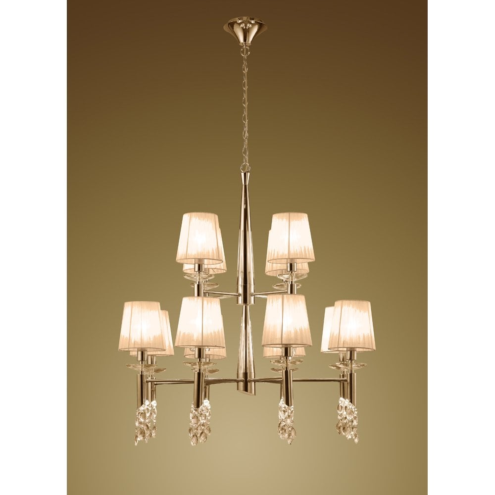 Tiffany Grand 2-Tier 24-Light French Gold Pendant with Bronze Shades & Crystal Elegance