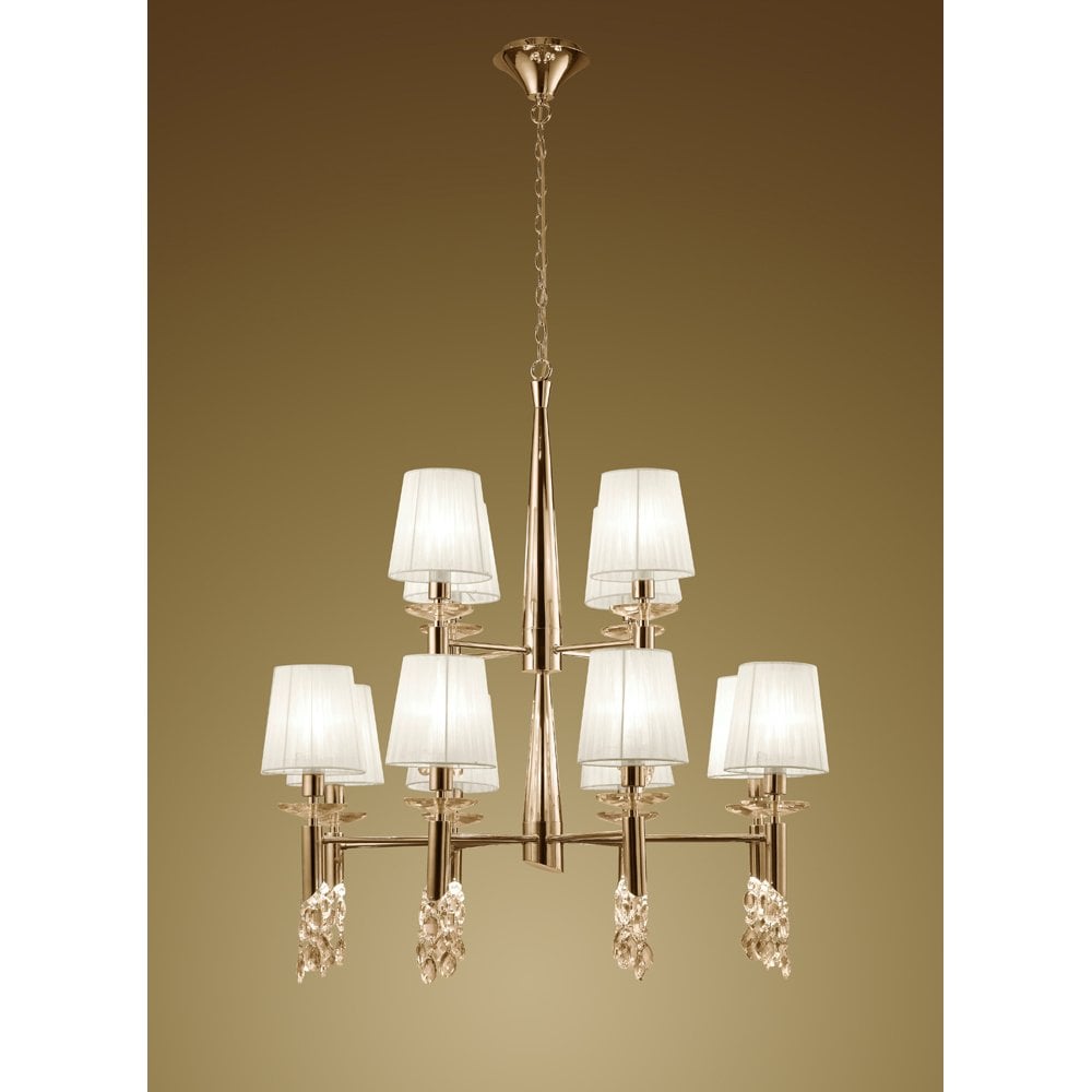 Tiffany 24-Light French Gold Crystal Pendant Chandelier with Dual-Level White Shades