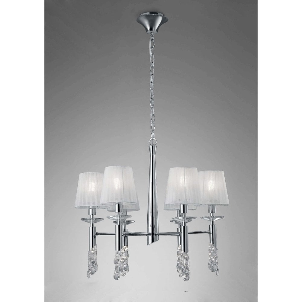 Tiffany Pendant Chandelier: 6+6 Lights, Polished Chrome with White Shades & Clear Crystal