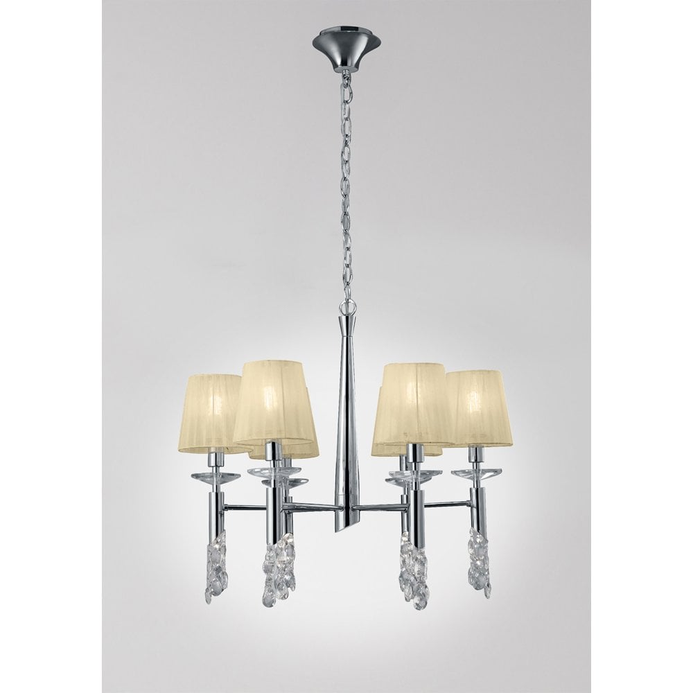 Elegance Illuminated: Tiffany 6+6 Light Crystal Pendant in Polished Chrome with Cream Shades