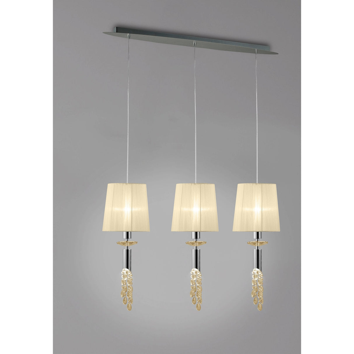 Sophisticated Tiffany Pendant Light with Cream Shades & Sparkling Crystal Cascade in Polished Chrome