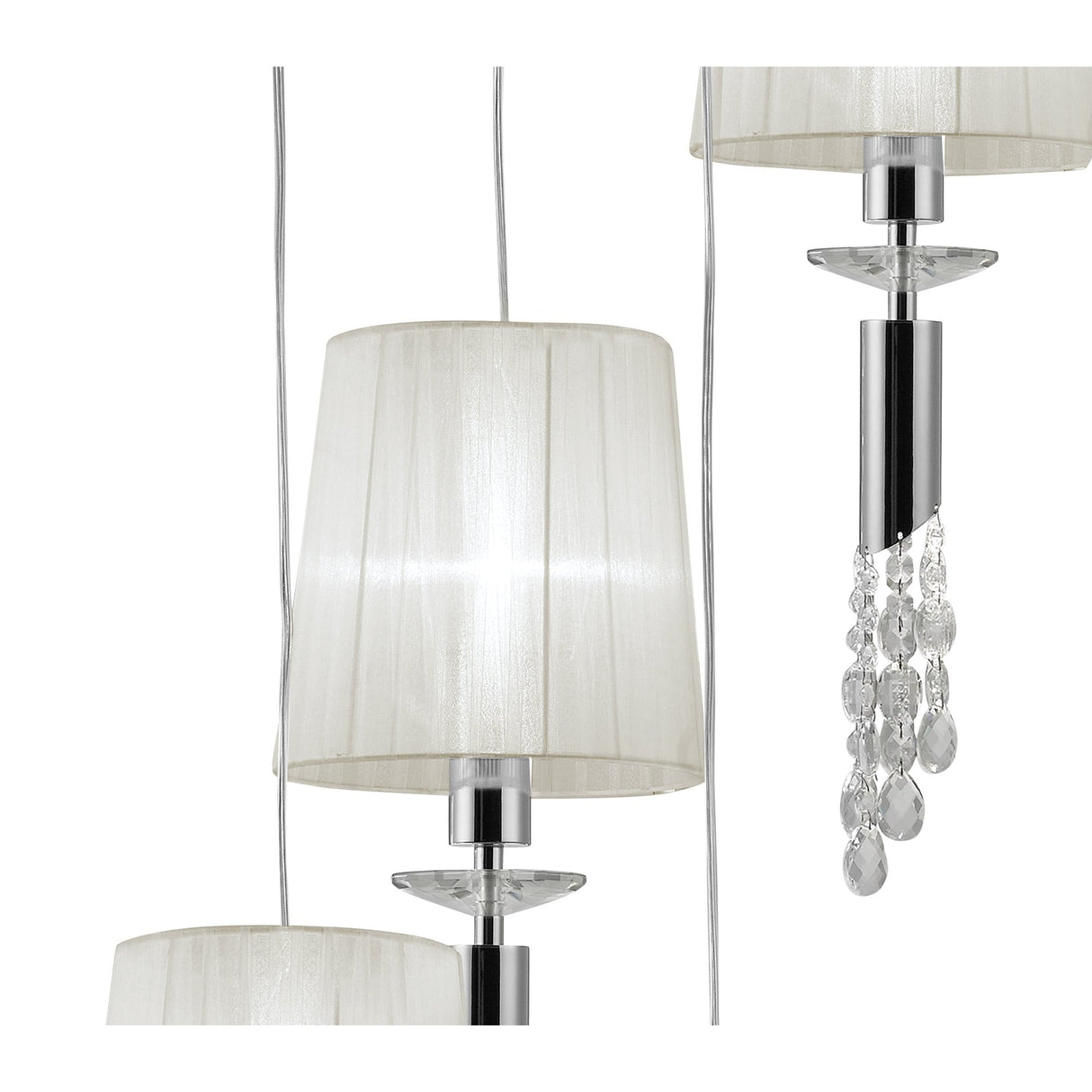 Tiffany Spiral Pendant Light with White Shades & Clear Crystal in Polished Chrome Finish