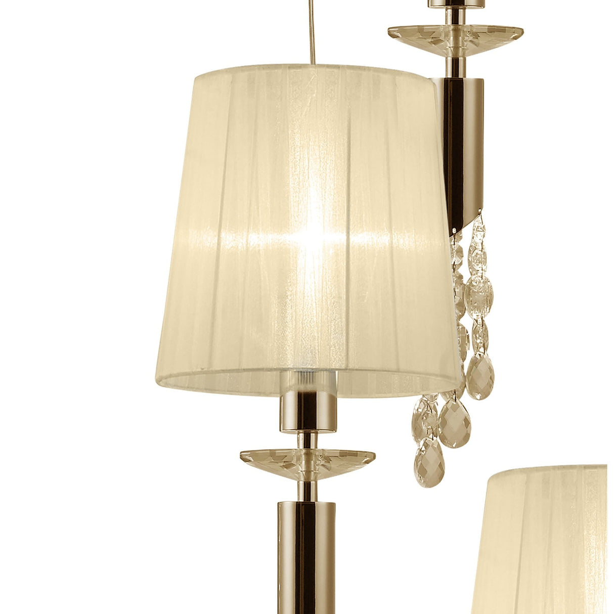 Elegant Spiral Tiffany Chandelier with Cream Shades and Clear Crystals in French Gold Finish
