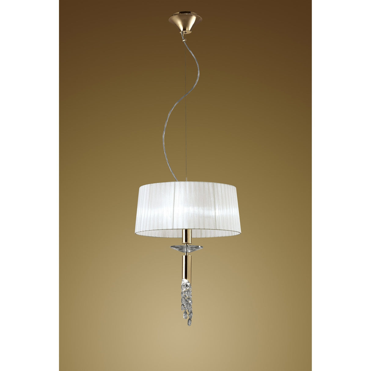 Tiffany Luxe Pendant Light: French Gold with White Shade & Gleaming Clear Crystals