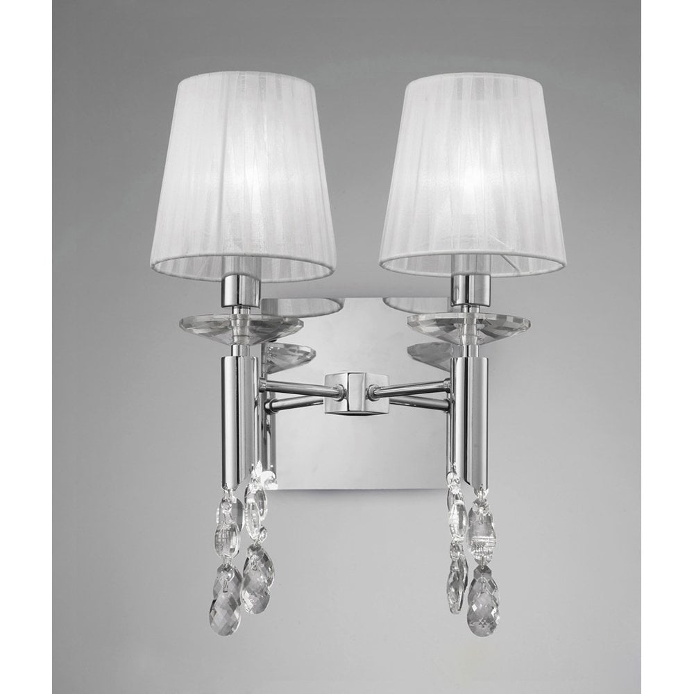Tiffany Wall Sconce: Dual Light E14+G9, Polished Chrome, White Shades & Clear Crystal Elegance