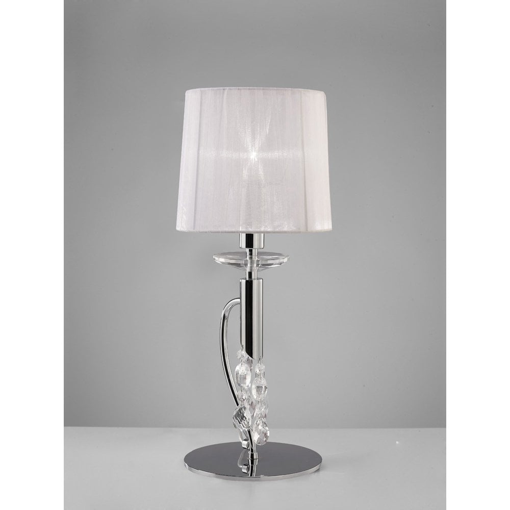 Tiffany Elegance: Dual-Light Polished Chrome Table Lamp with White Shade & Crystal Accents