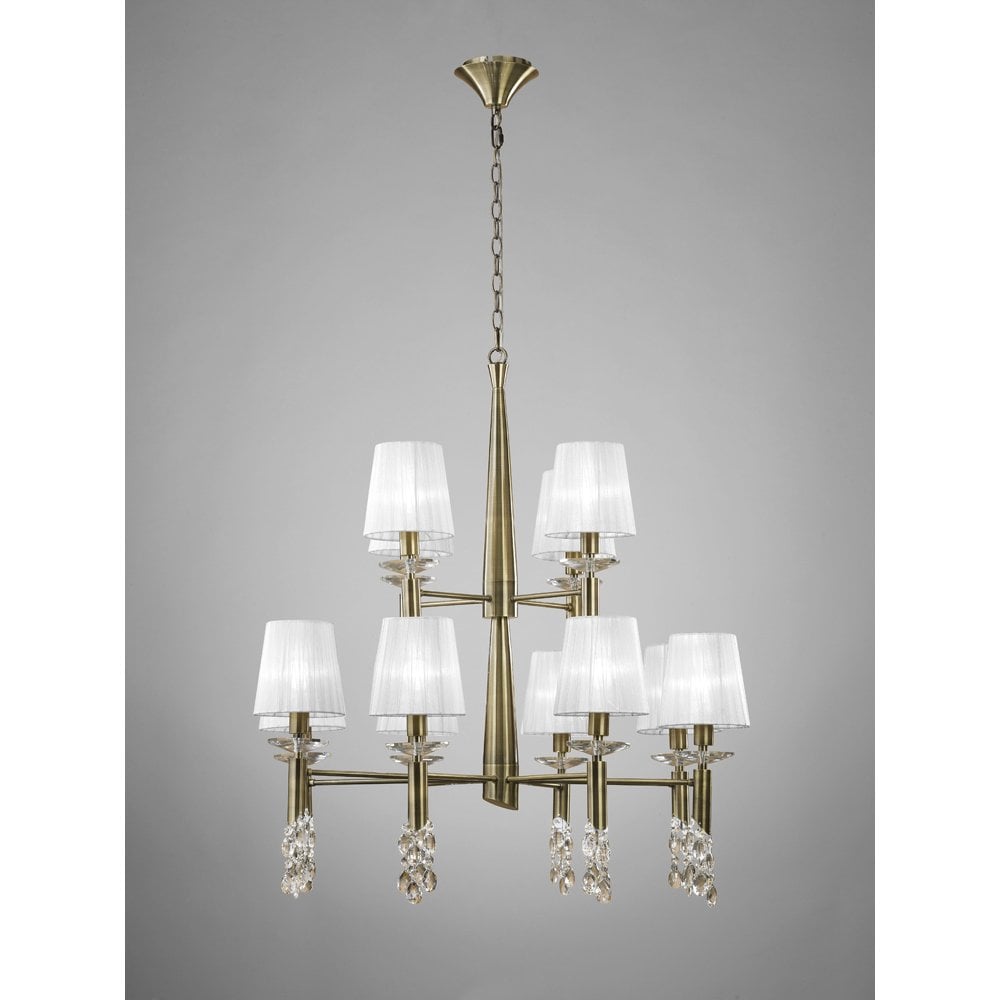 Elegant Two-Tier Tiffany Pendant: 24-Light Antique Brass with White Shades & Clear Crystal