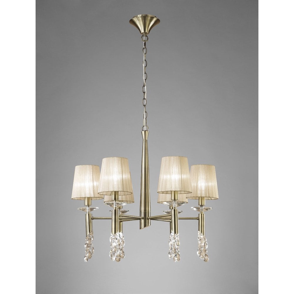 Tiffany Radiance Pendant: 6+6 Light in Antique Brass with Soft Bronze Shades & Clear Crystal Elegance