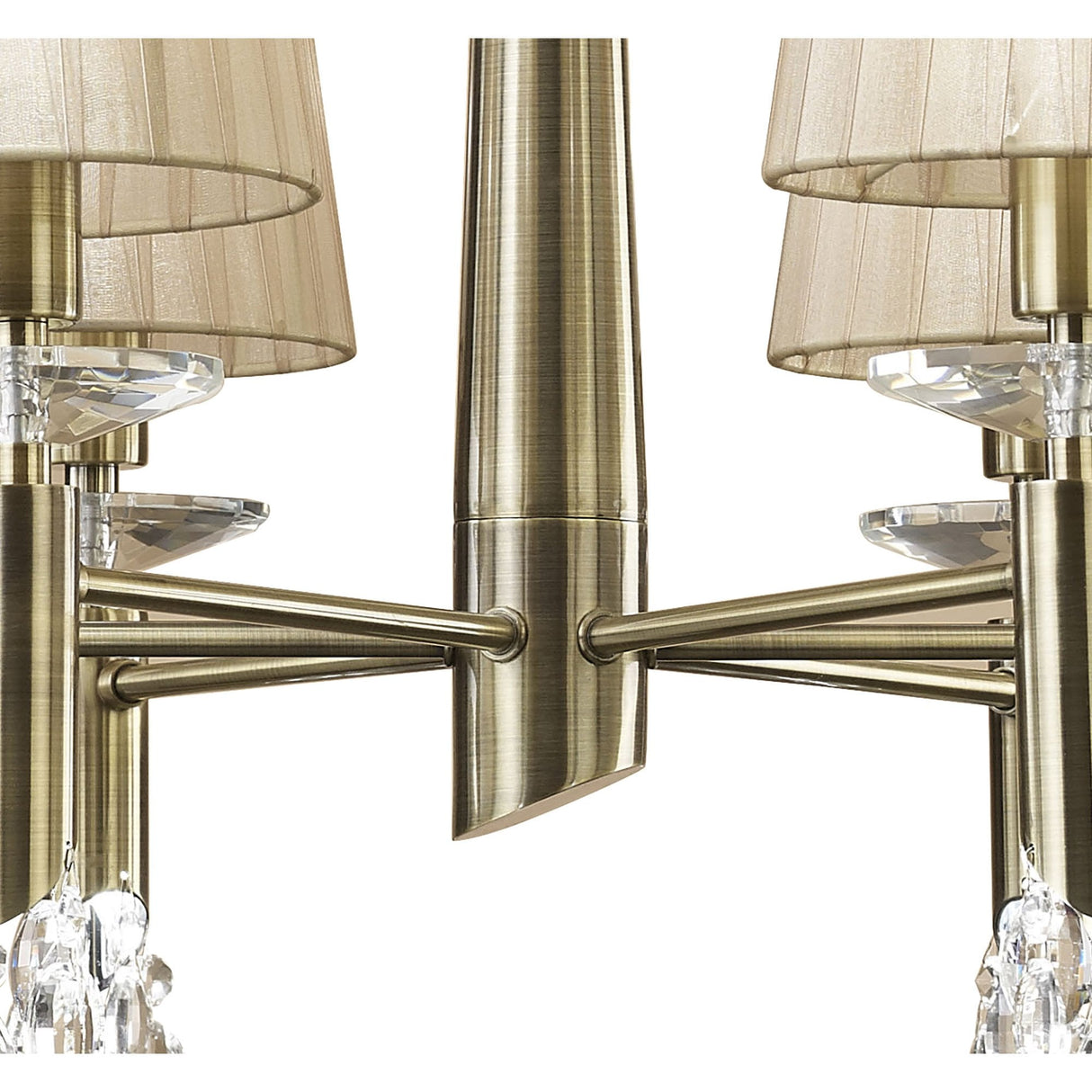 Tiffany Radiance Pendant: 6+6 Light in Antique Brass with Soft Bronze Shades & Clear Crystal Elegance