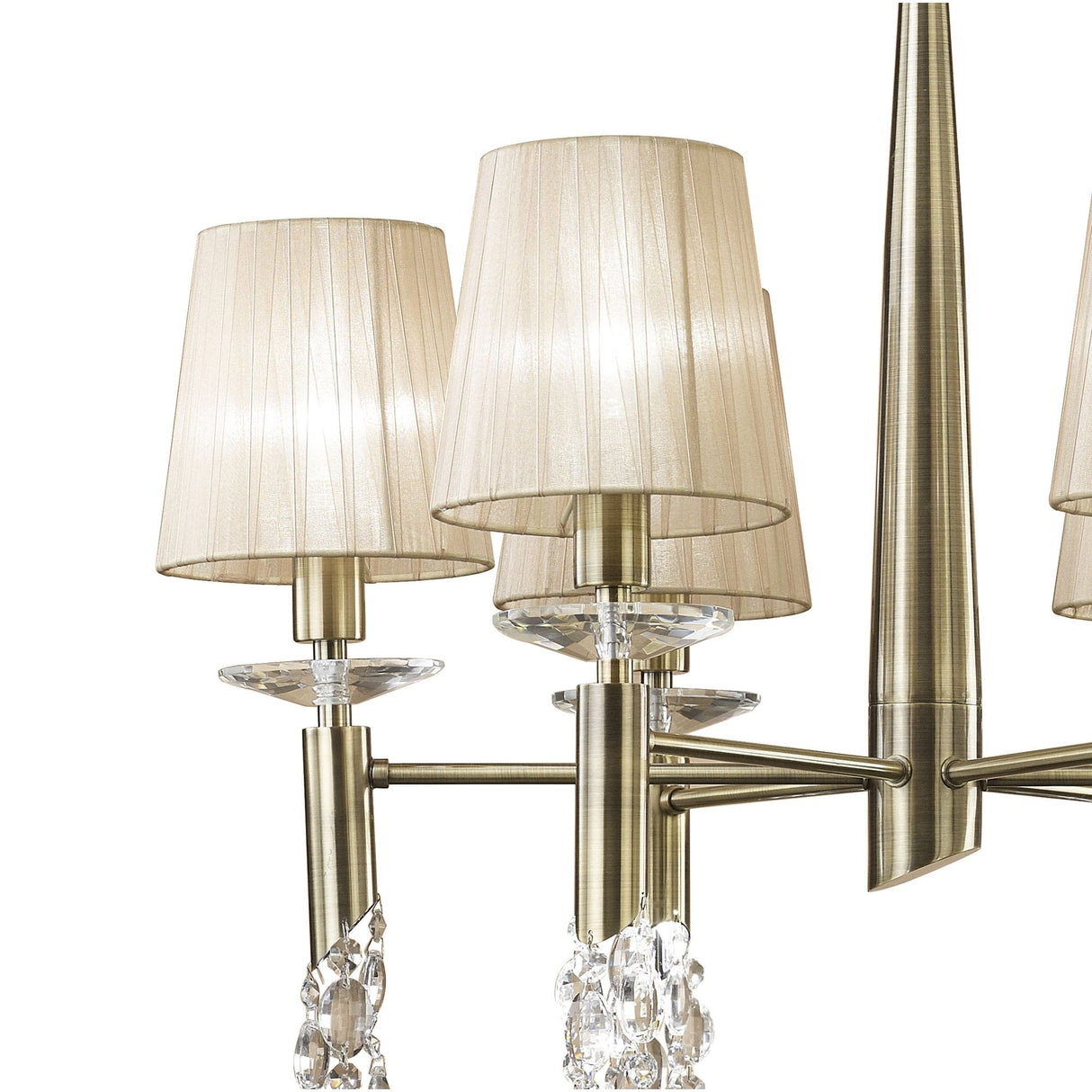 Tiffany Radiance Pendant: 6+6 Light in Antique Brass with Soft Bronze Shades & Clear Crystal Elegance