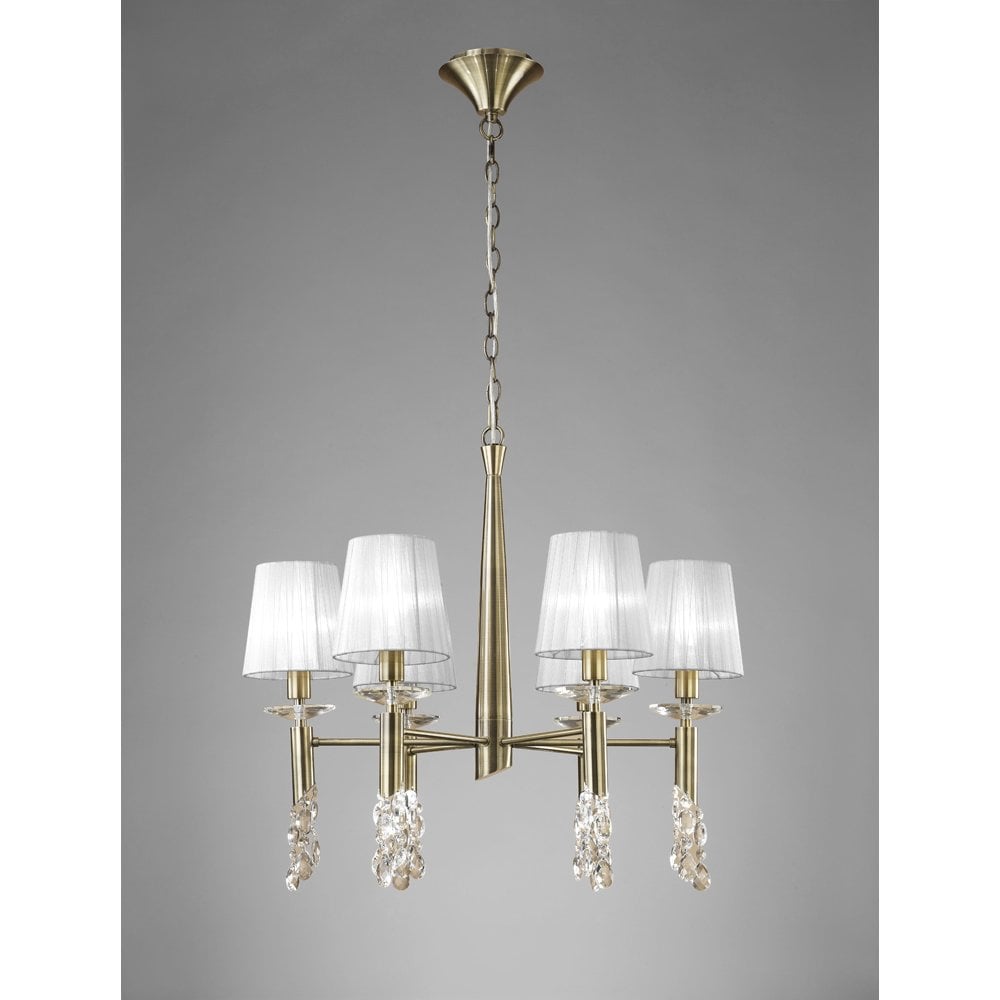 Tiffany Pendant 6+6 Light E14+G9, Antique Brass with White Shades & Clear Crystal Elegance