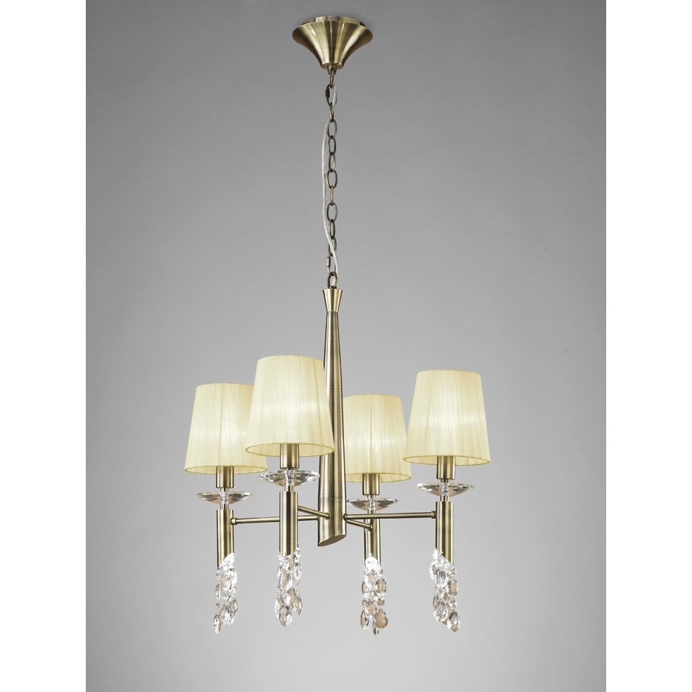 Elegant Tiffany 8-Light Pendant in Antique Brass with Cream Shades & Crystal Accents