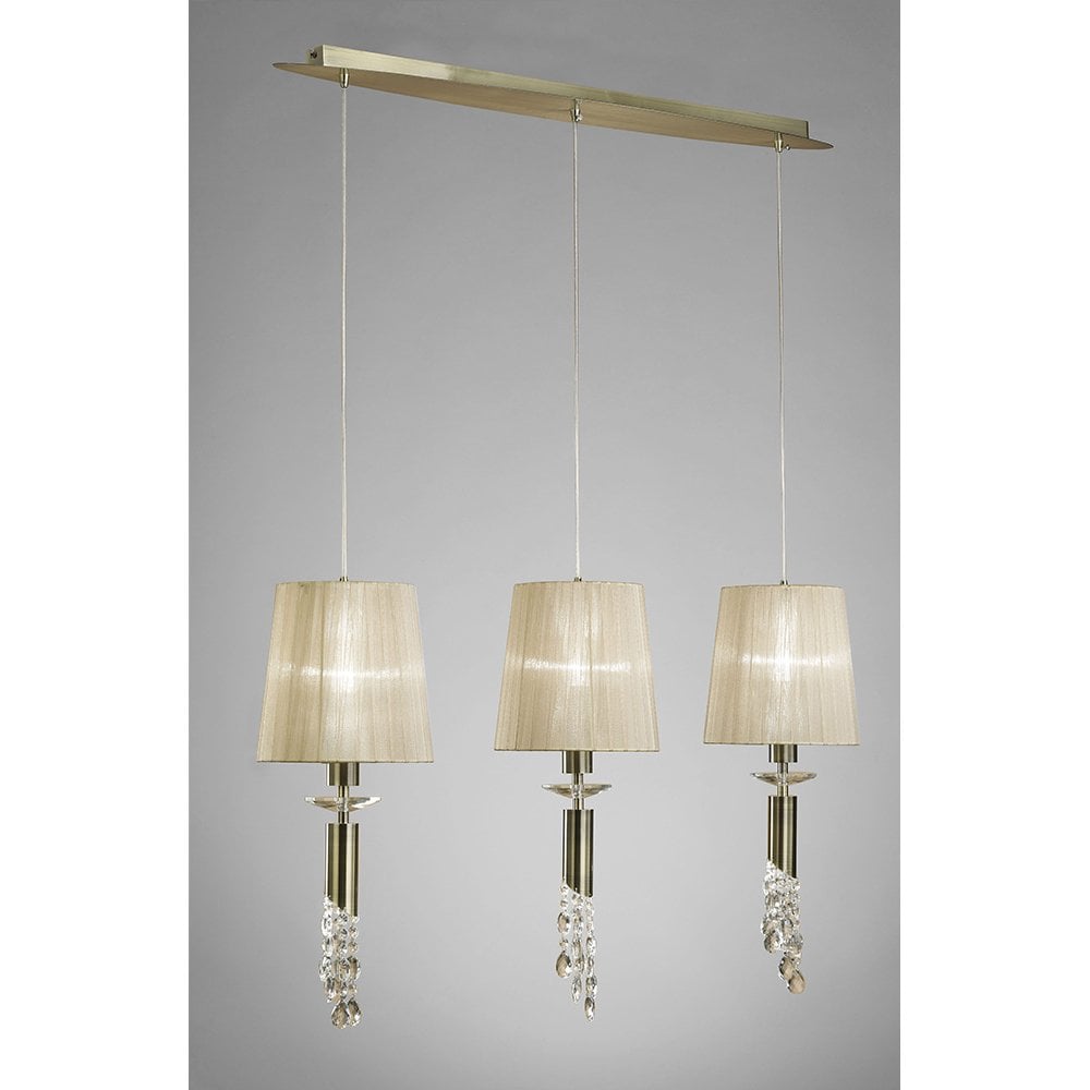 Tiffany Pendant 3+3 Light Chandelier in Antique Brass with Soft Bronze Shades and Clear Crystal Details