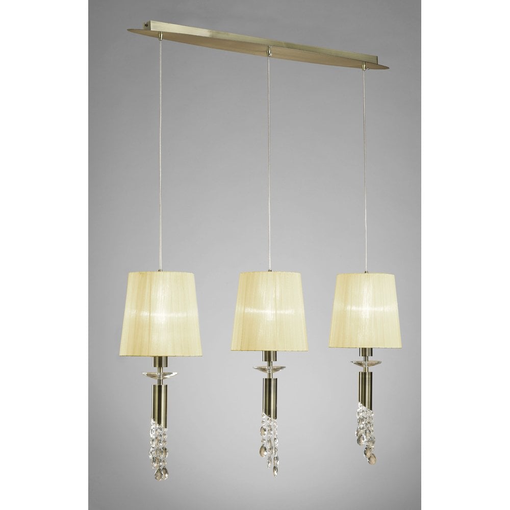 Elegant Antique Brass Cascade Pendant with Cream Shades & Clear Crystal Detailing