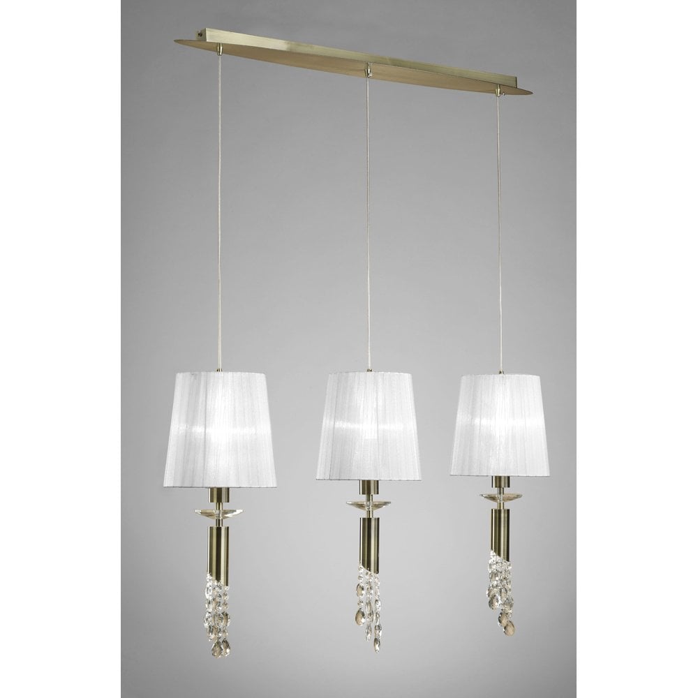 Tiffany Pendant Light: Antique Brass with White Shades and Clear Crystal Elegance