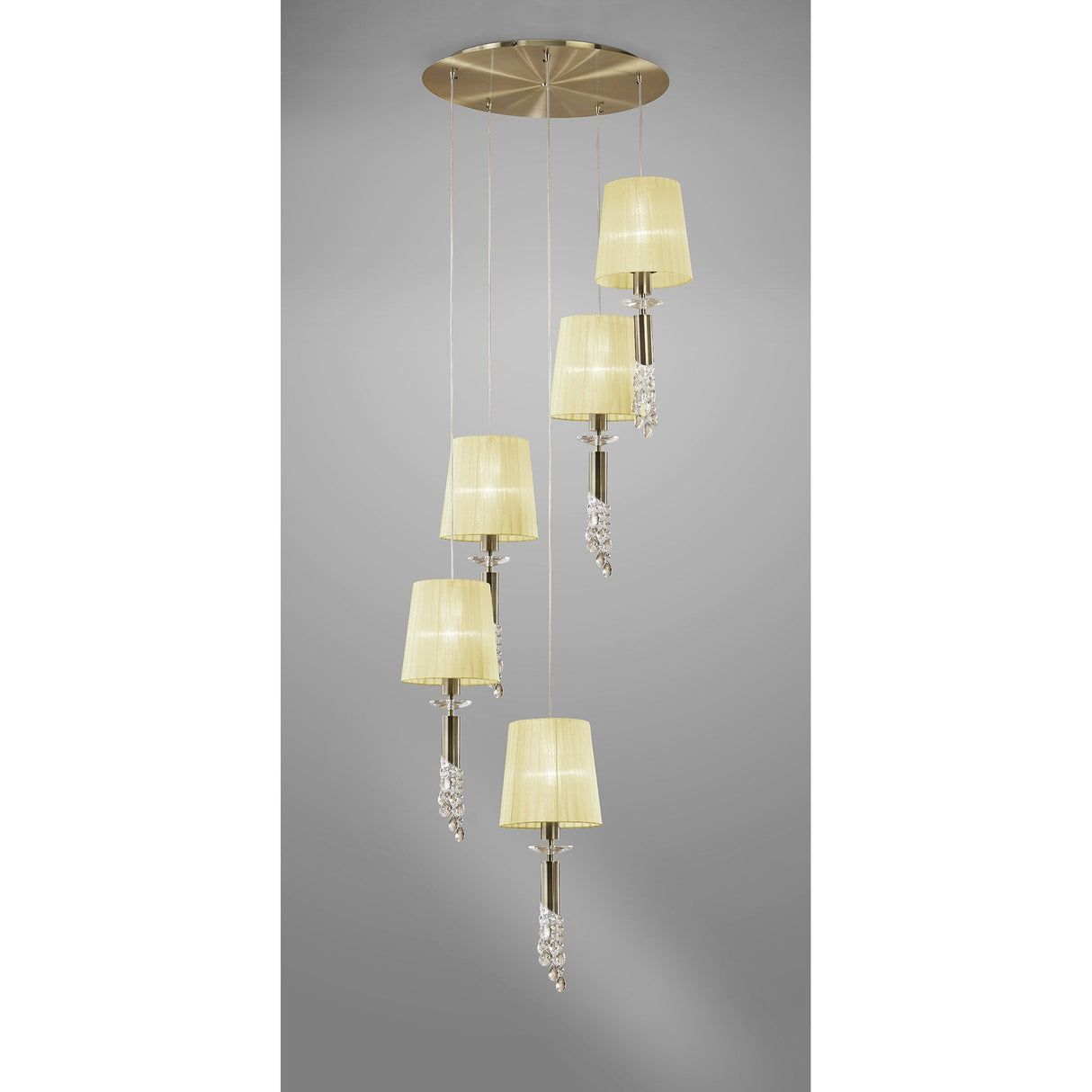 Elegant Spiral Tiffany Chandelier - Antique Brass with Cream Shades and Clear Crystal