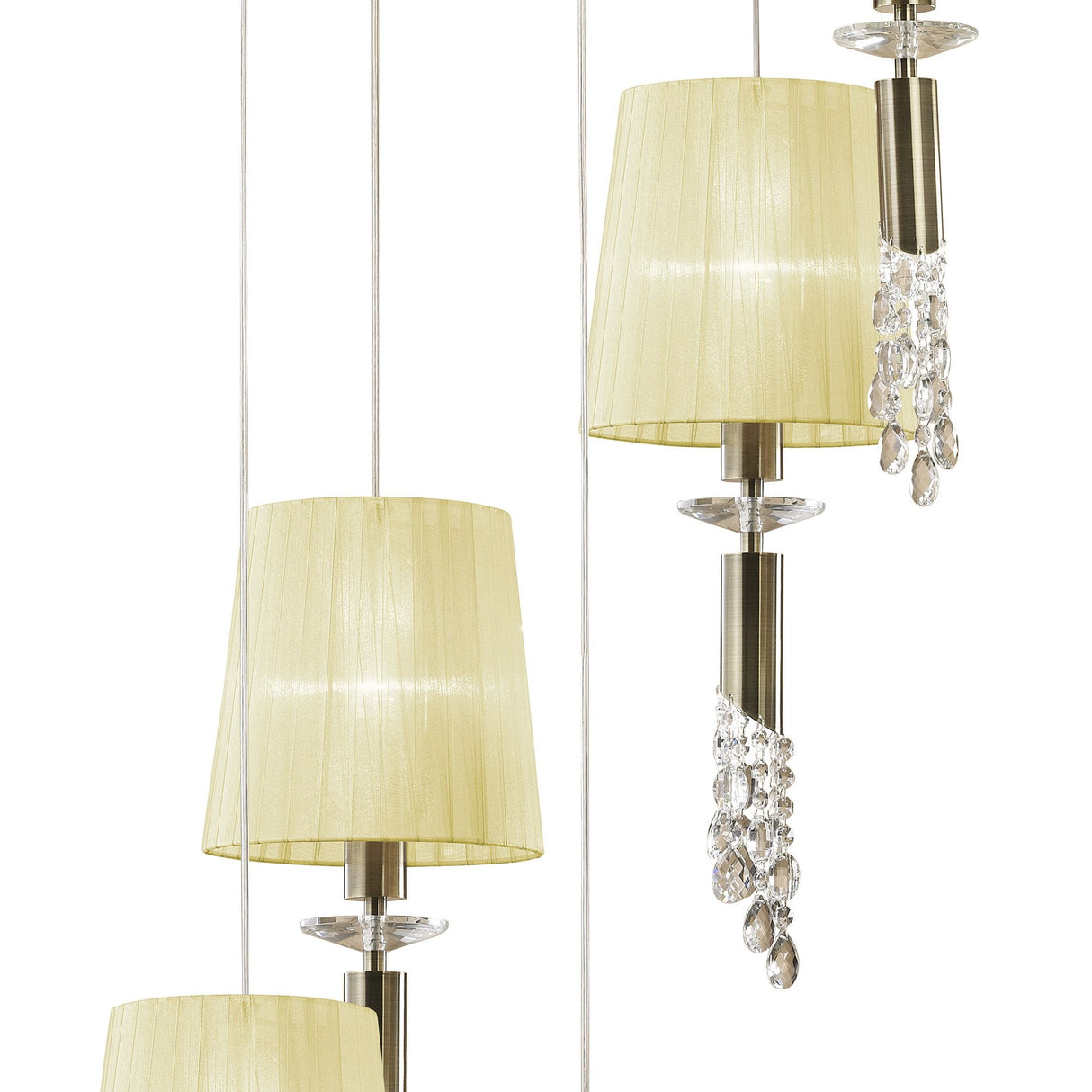 Elegant Spiral Tiffany Chandelier - Antique Brass with Cream Shades and Clear Crystal