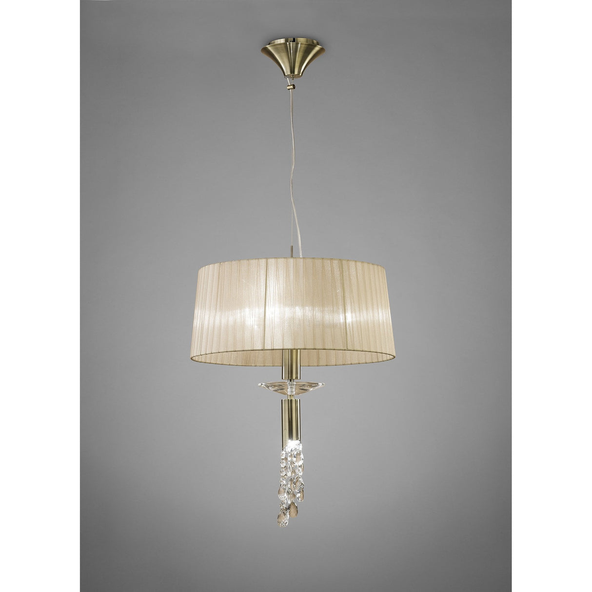 Tiffany Pendant 3+1 Light E27+G9, Antique Brass with Soft Bronze Shade & Clear K9 Crystal Accents