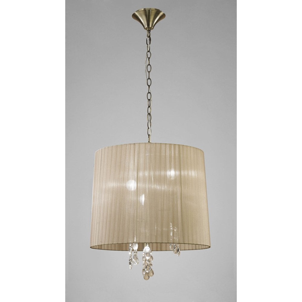 Tiffany 3+3 Light Pendant in Antique Brass with Soft Bronze Shade and Clear Crystals