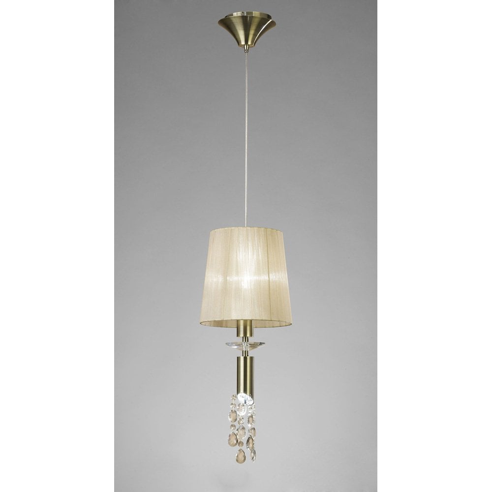 Tiffany Dual Light Pendant in Antique Brass with Soft Bronze Shade & Clear Crystal Accents