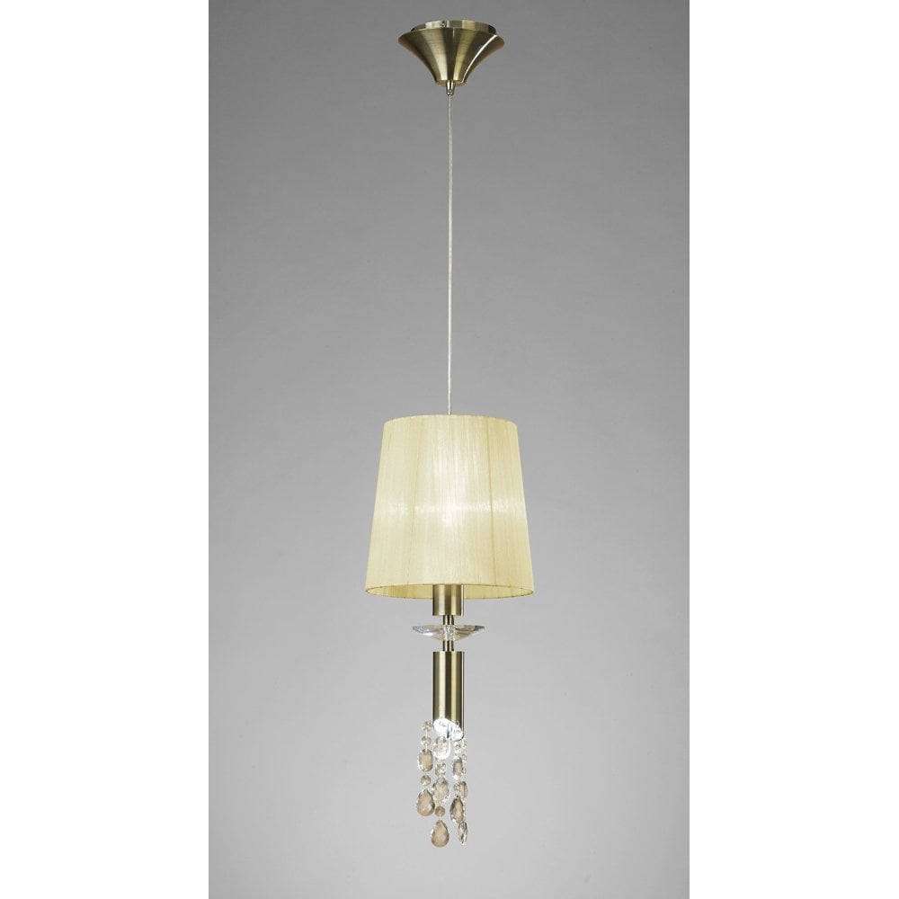 Tiffany Pendant 1+1 Light E27+G9, Antique Brass with Cream Shade & Clear Crystal Elegance