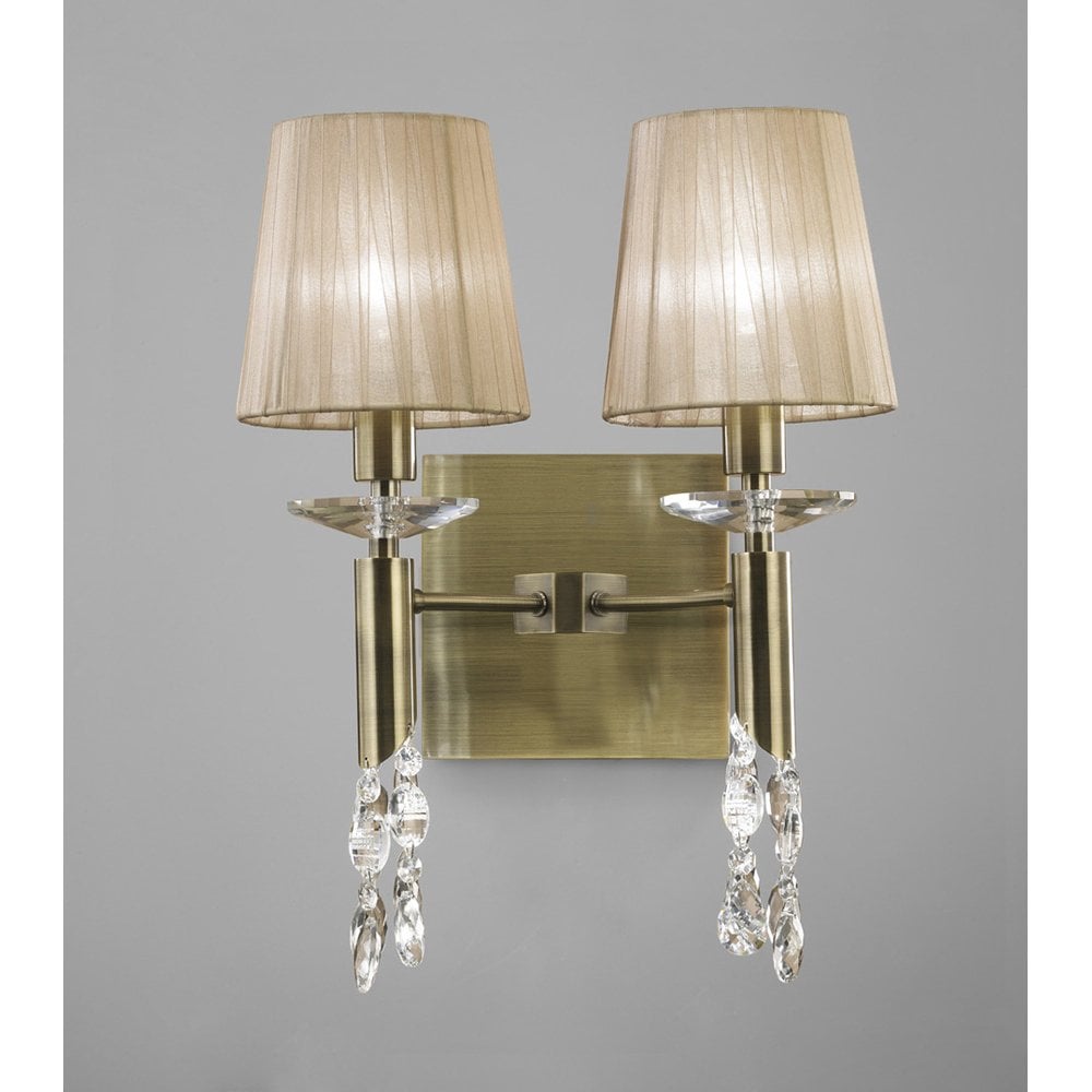 Tiffany Antique Brass Crystal Wall Lamp with Dual Light and Soft Bronze Shade
