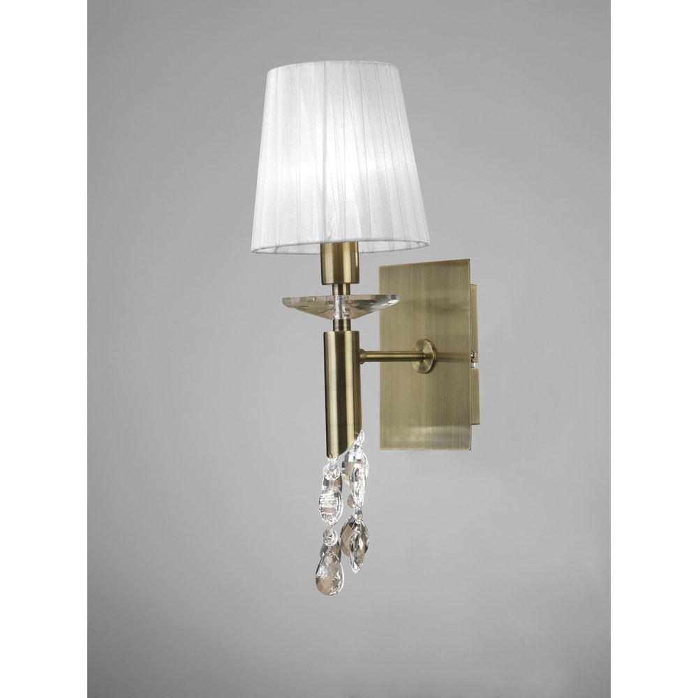 Antique Brass Tiffany Wall Lamp with White Shade and Clear Crystal Accents