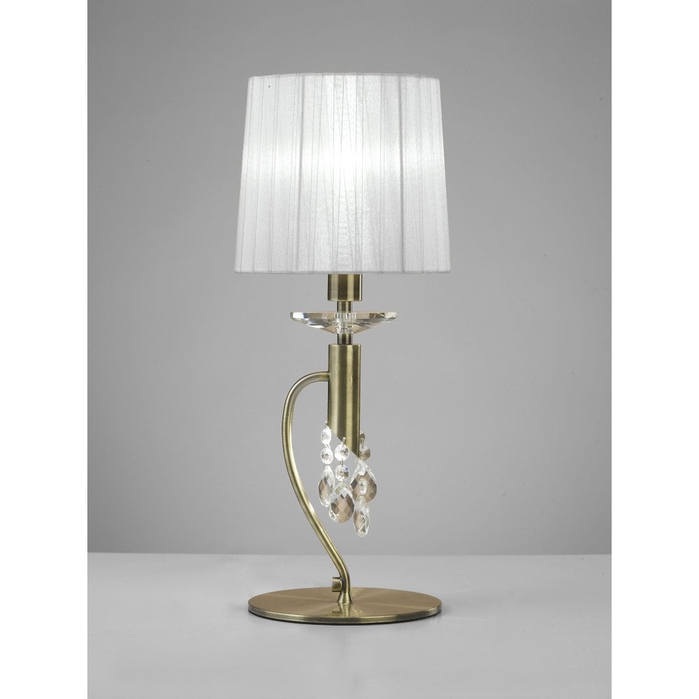 M3888 Tiffany Table Lamp: Antique Brass with White Shade & Clear Crystal Elegance