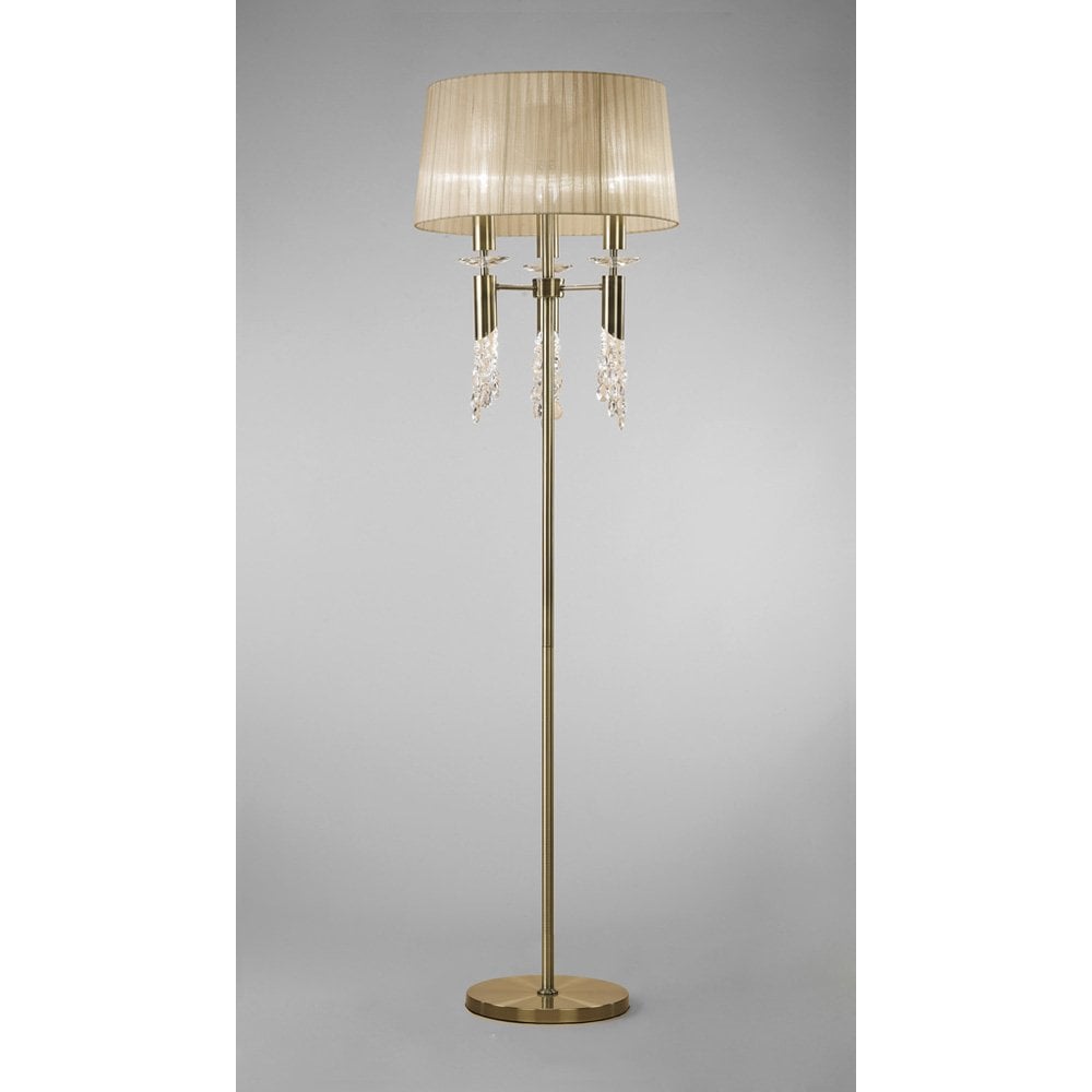 Elegant Tiffany Floor Lamp in Antique Brass with Soft Bronze Shade & Clear Crystal Detailing