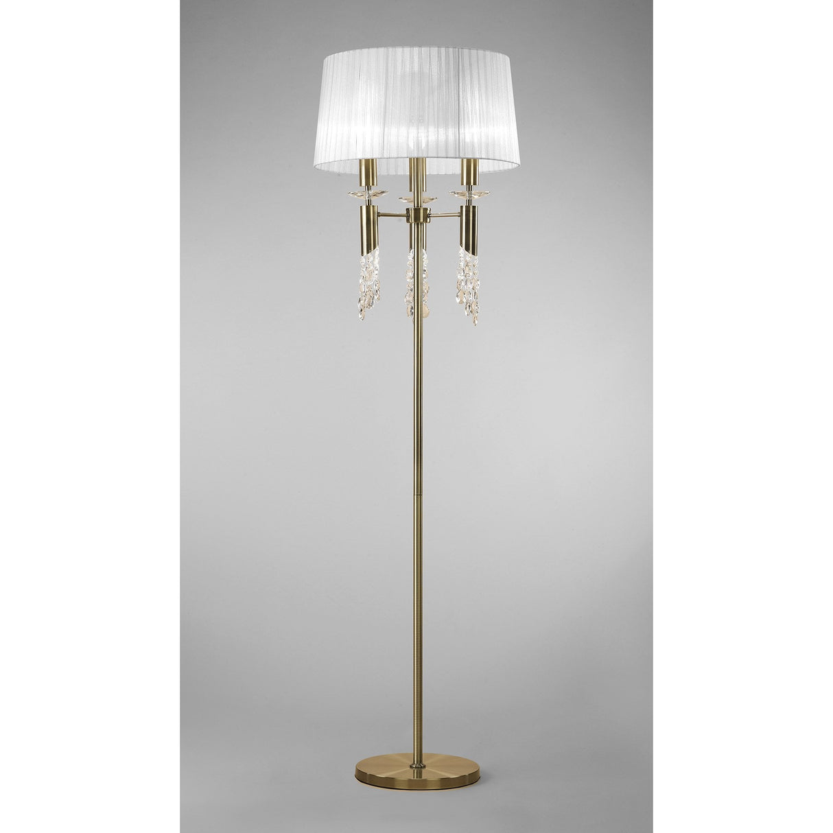 M3889 Tiffany Antique Brass Floor Lamp with 3+3 Lights, White Shade & Clear Crystal Design