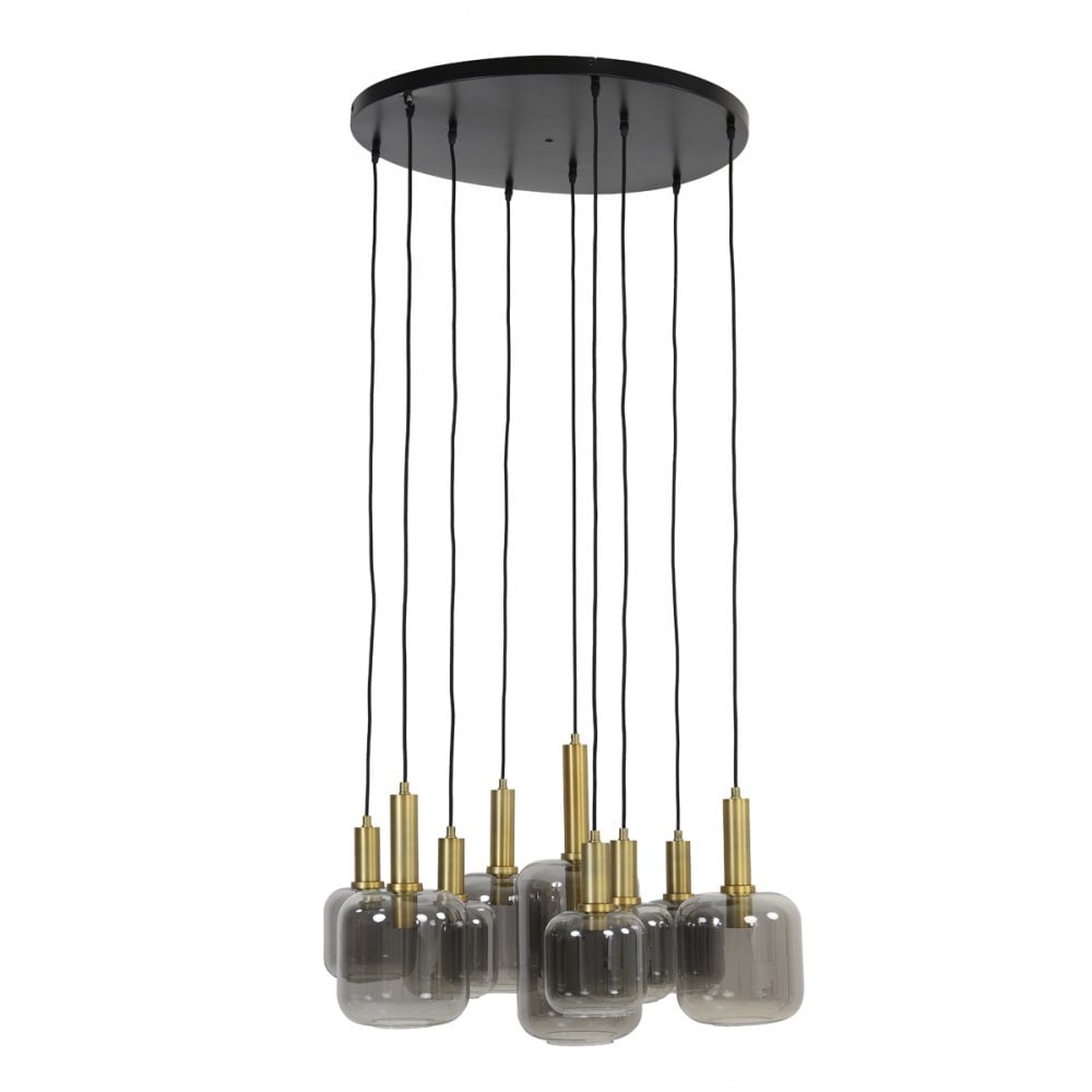 Antique Bronze Hanging Lamp with 9 Smoky Glass Lights - 83.5x79.5 cm