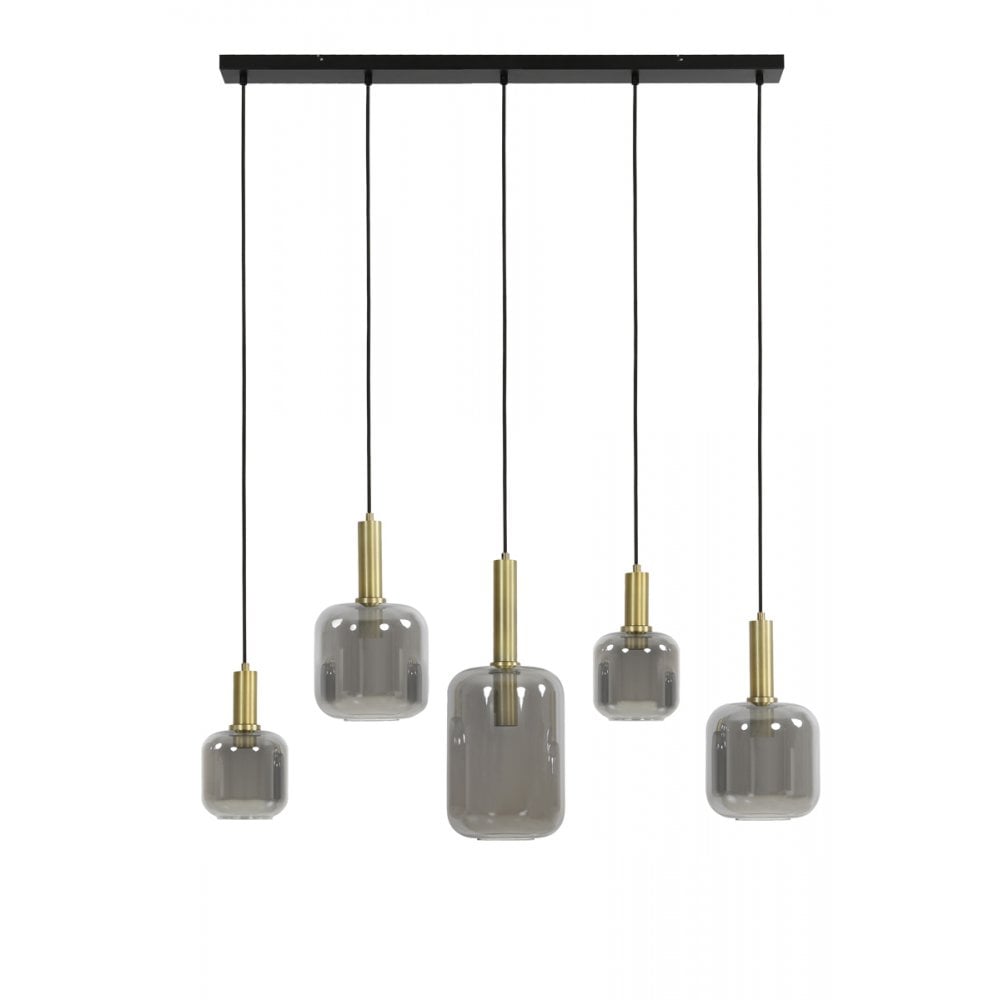 Vintage Bronze and Smoked Glass Pendant Light Fixture - 5 Lights, Rectangular Design