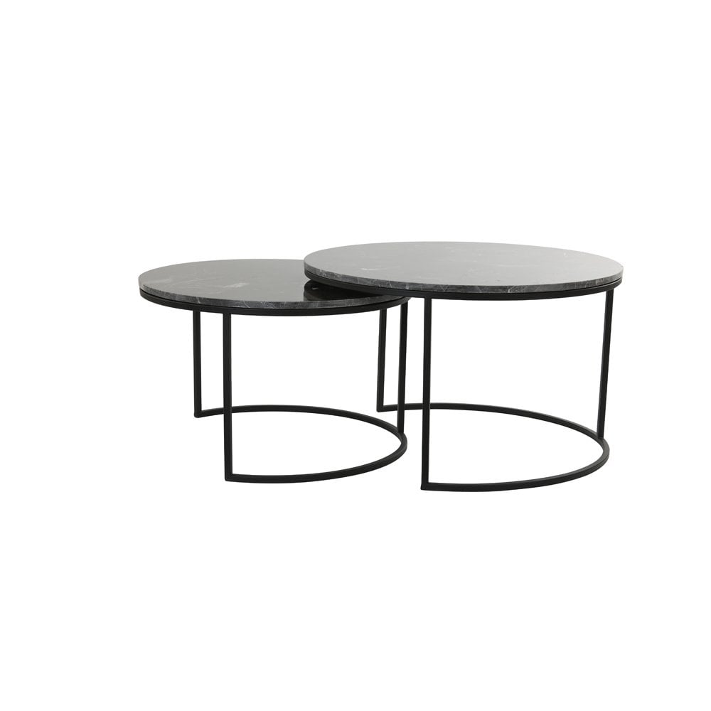 Round Alfio Nesting Coffee Tables Set in Brown Marble and Black Finish