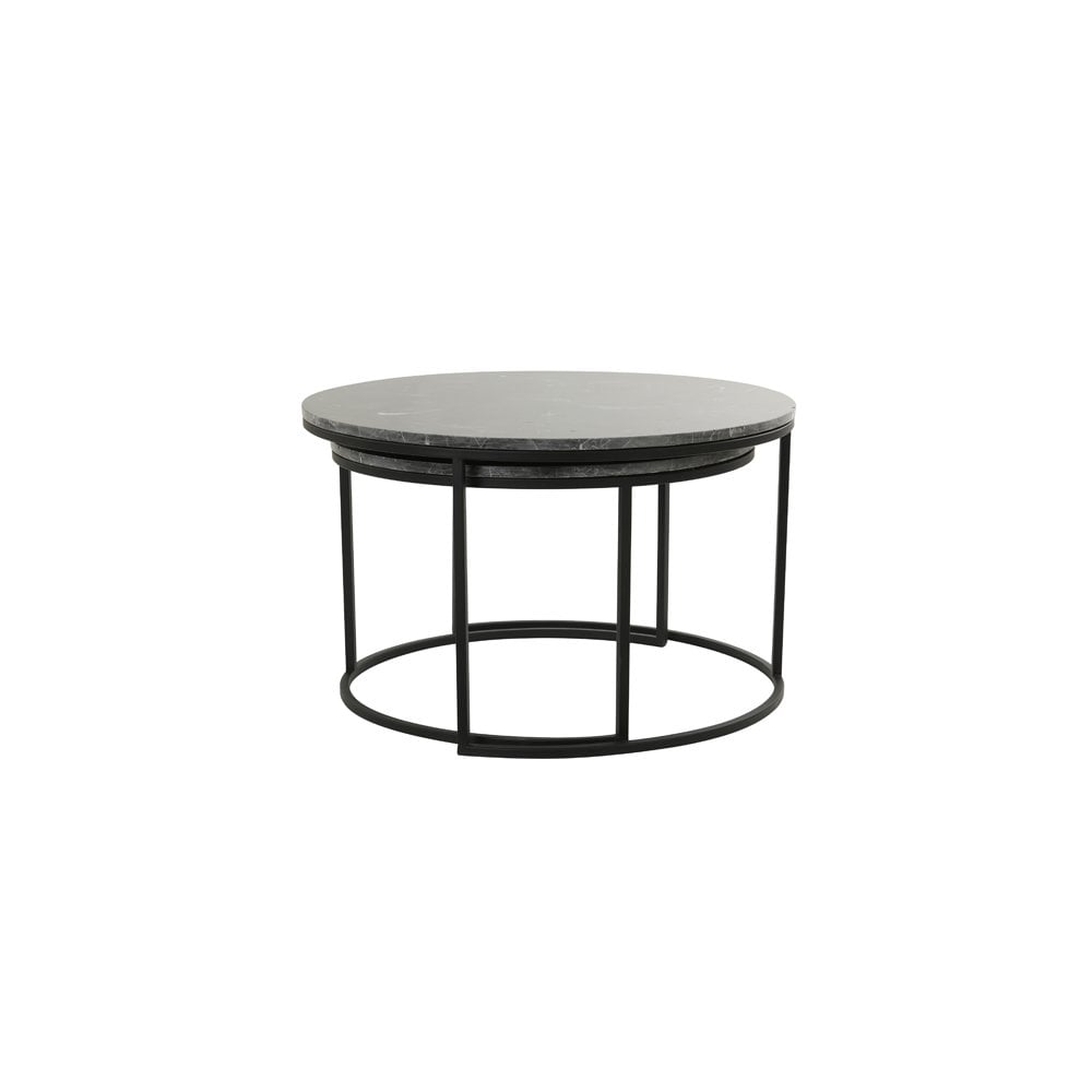 Round Alfio Nesting Coffee Tables Set in Brown Marble and Black Finish