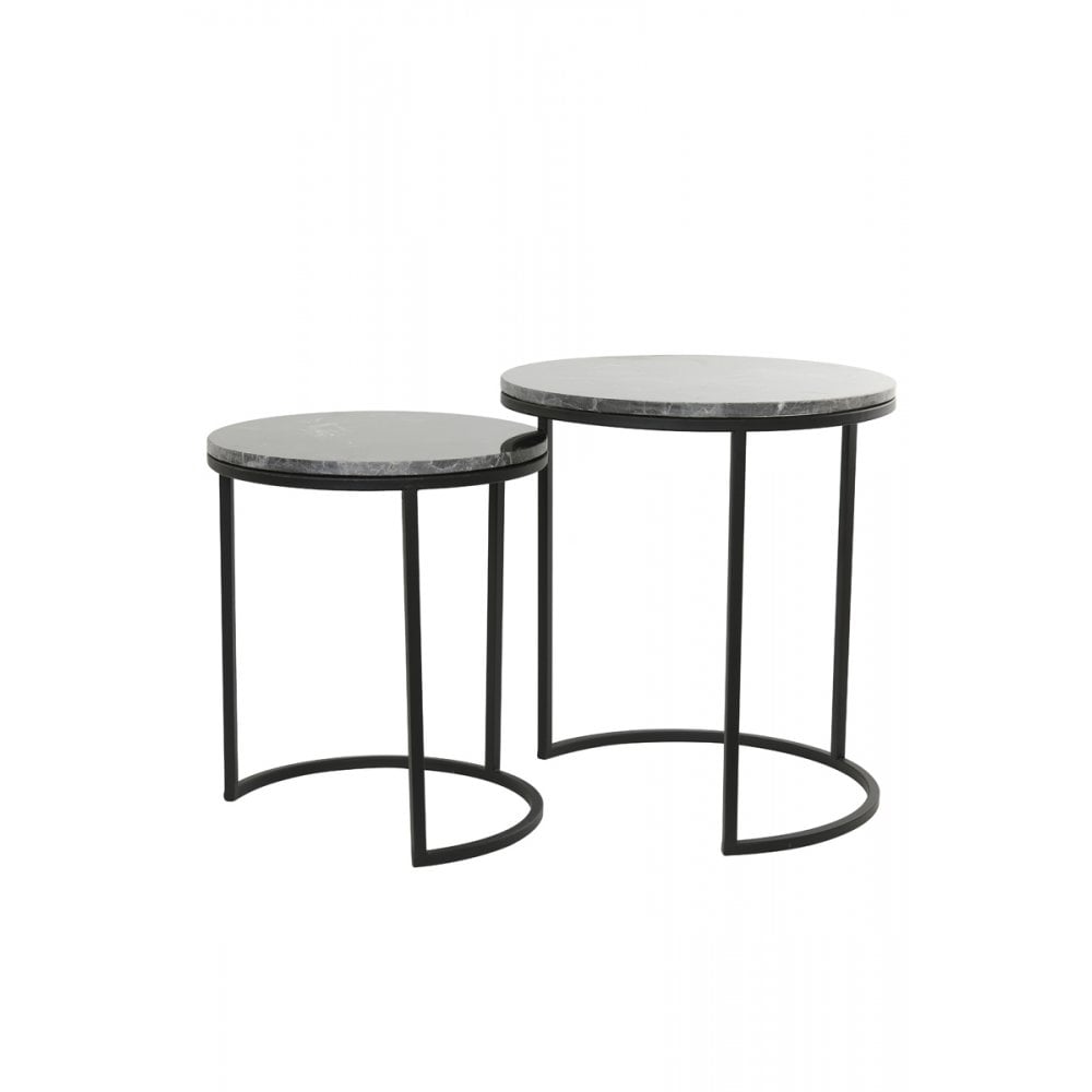 Alfio Brown Marble Nesting Side Tables Set of 2 - Modern Round Design