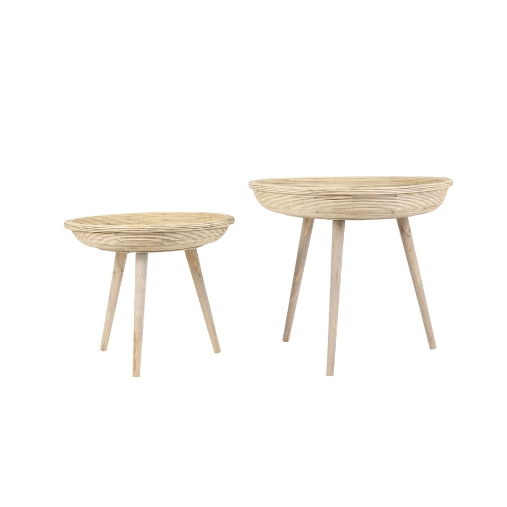 Natural Rattan Nesting Side Tables Set: 46x38.5cm & 56x48cm, Round Wood Design