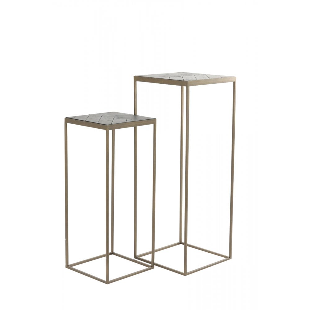 Elegant Square Chisa Wood Pillar Tables in Black and Antique Bronze Finish, Set of Two