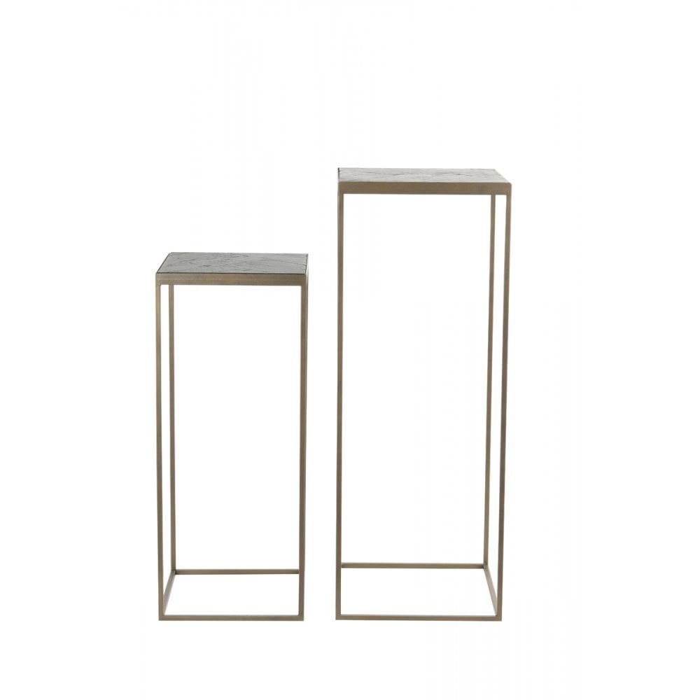 Elegant Square Chisa Wood Pillar Tables in Black and Antique Bronze Finish, Set of Two