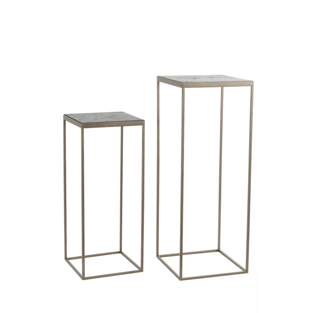 Elegant Square Chisa Wood Pillar Tables in Black and Antique Bronze Finish, Set of Two