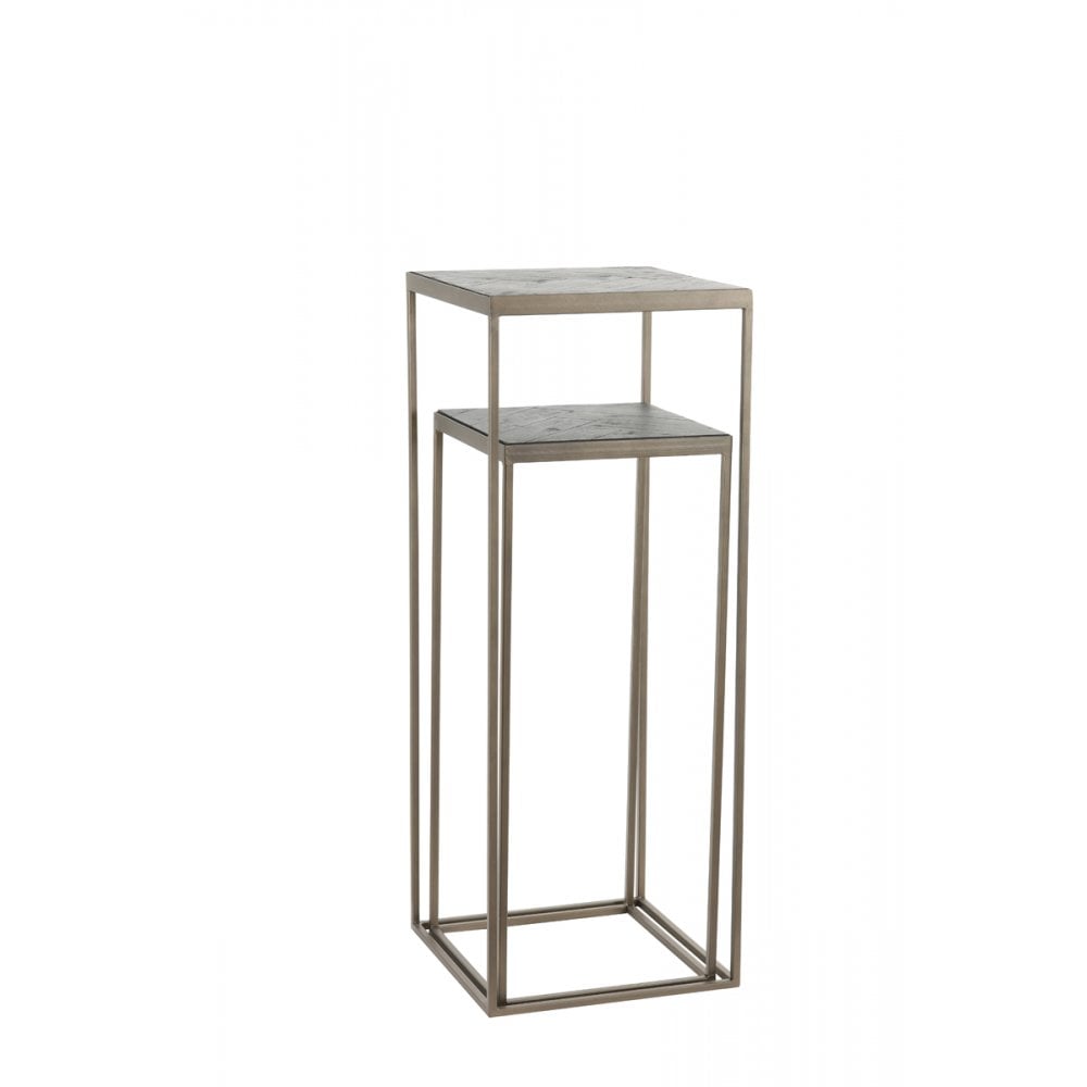 Elegant Square Chisa Wood Pillar Tables in Black and Antique Bronze Finish, Set of Two