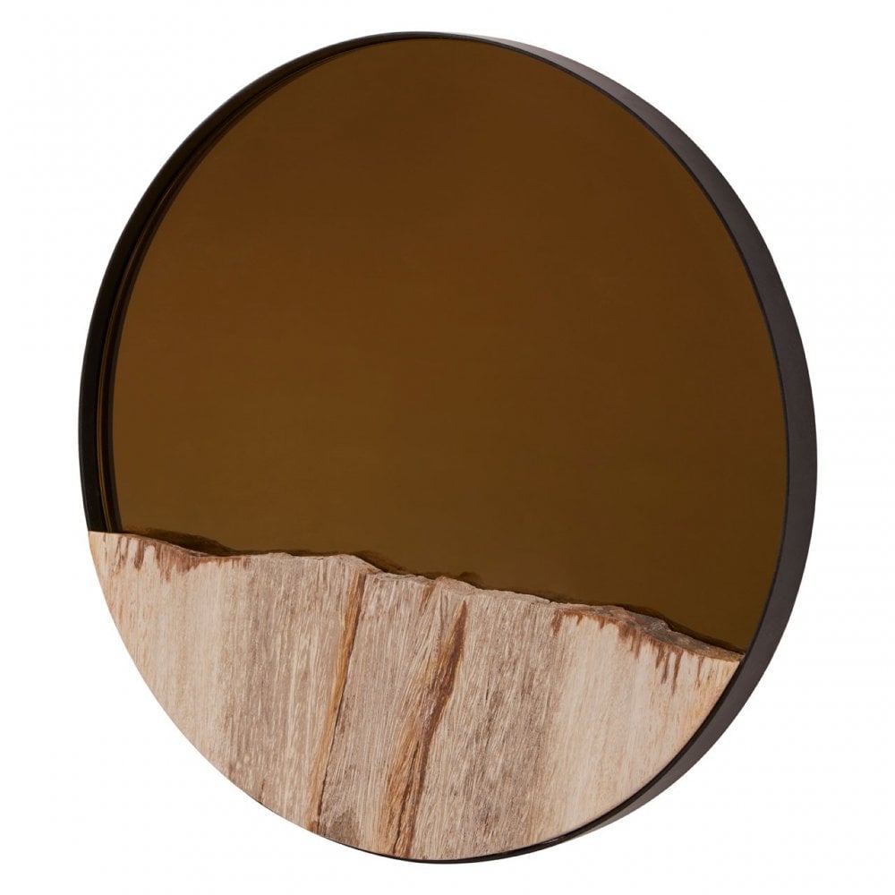 Relic Petrified Wood Tile Small Round Mirror, Gold