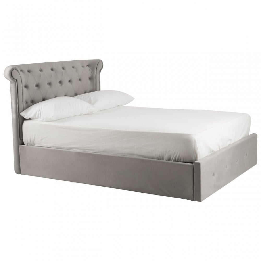 Edison Steel Velvet Double Ottoman Bed, Silver