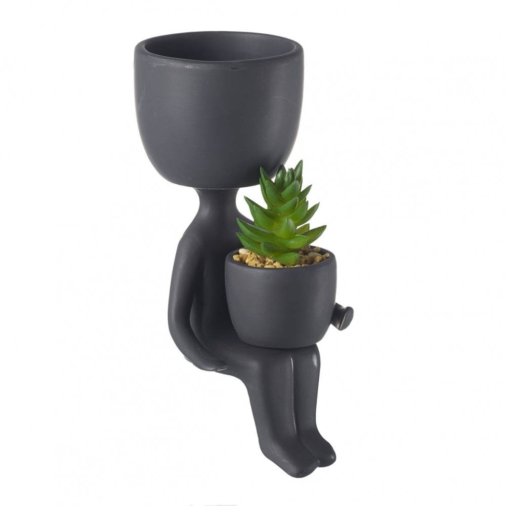 Flower Pot Man With Succulent Black H190x120mm