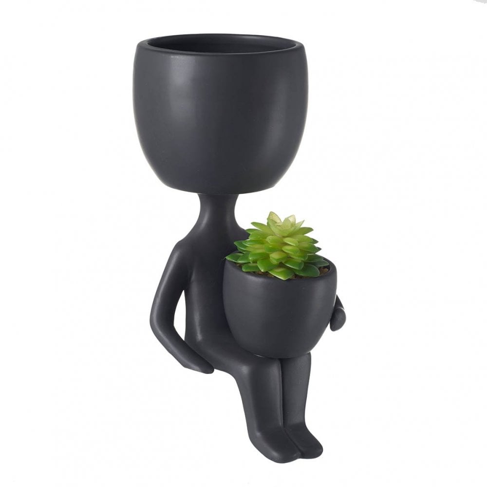 Flower Pot Man With Succulent Black H240x140mm
