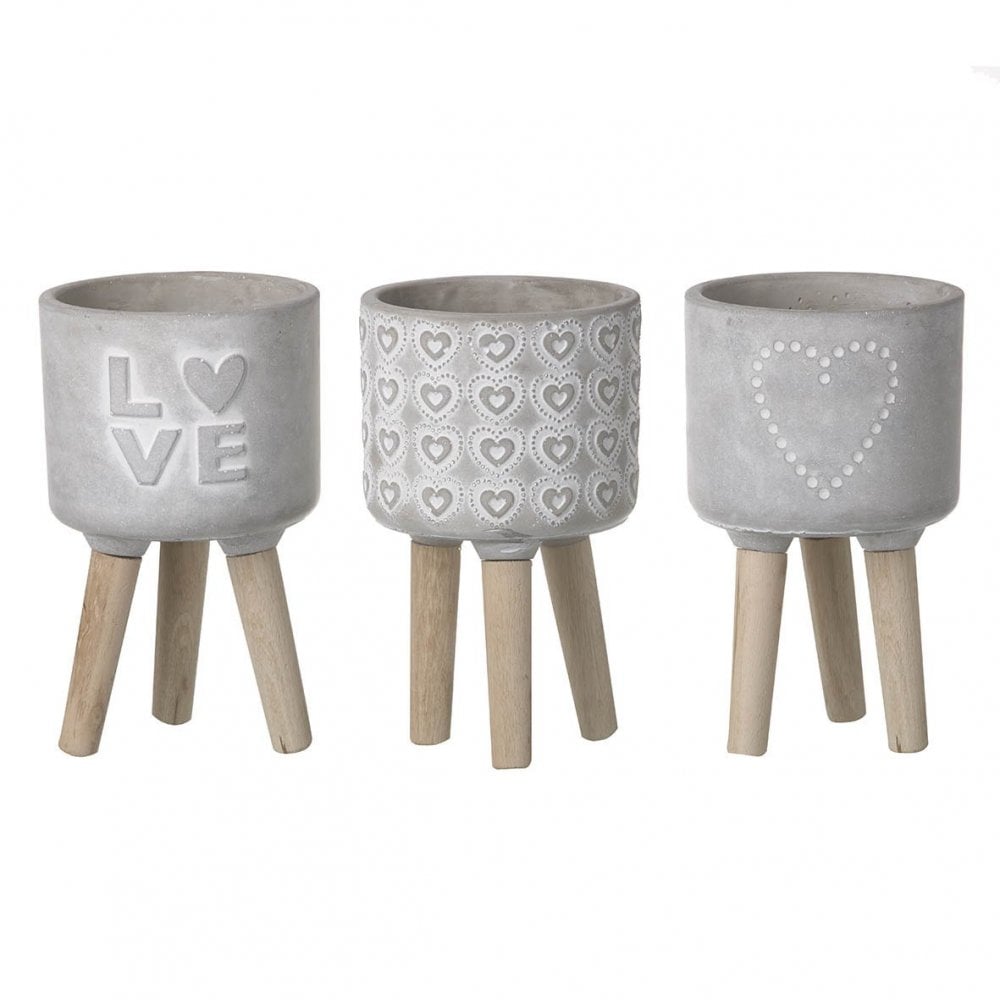 3 Assorted Love Planters On Legs Grey H110x110mm