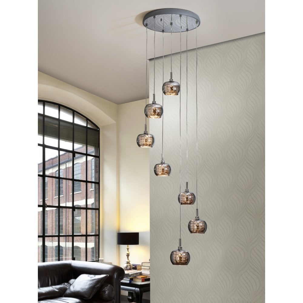 Mirrored Elegance Pendant Light, 7-Lamp Steel & Crystal Design