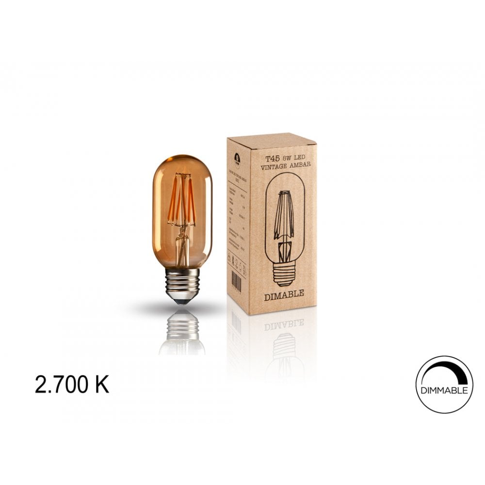 Classic Amber LED Filament Bulb T45 8W E27, Warm Vintage Glow