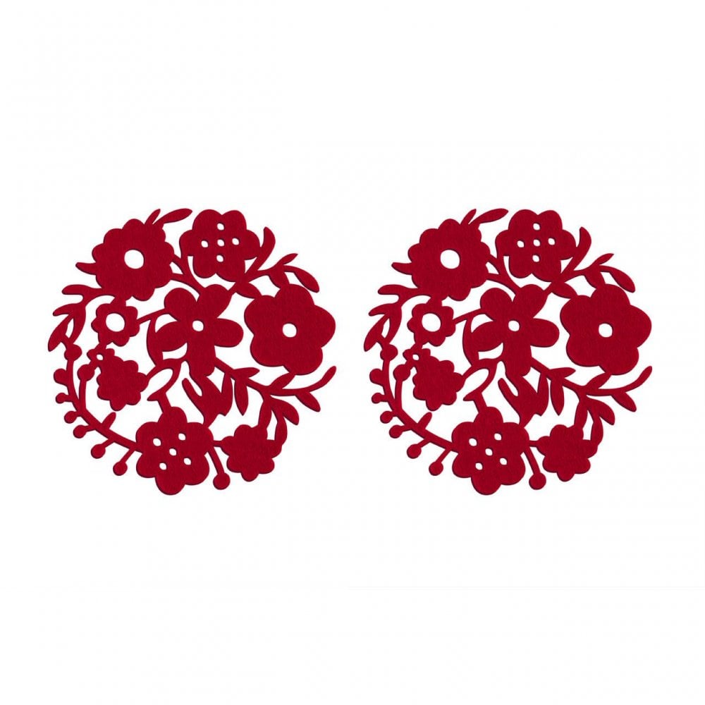 Red Felt Flower Design Placemats -Set Of 2