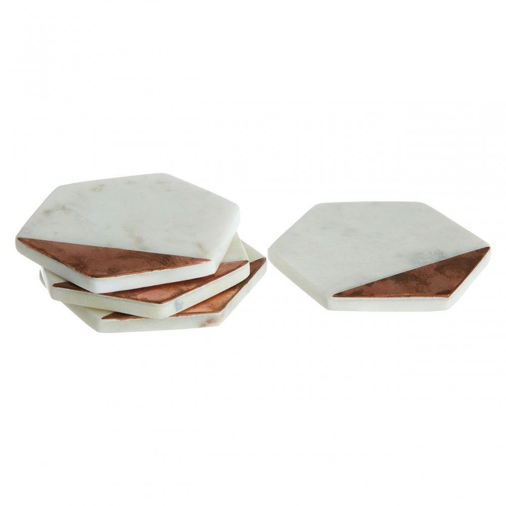 Set Of 4 White Marble / Copper Inlay Coasters
